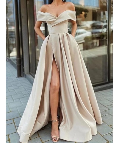 Off The Shoulder Prom Dresses Long with Slit Satin Evening Ball Gowns Formal Party Dress for Women with Pockets Dark Burgundy...