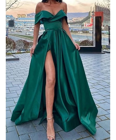 Off The Shoulder Prom Dresses Long with Slit Satin Evening Ball Gowns Formal Party Dress for Women with Pockets Dark Burgundy...