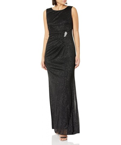 Women's Long Glitter Mesh Sleeveless Dress With Embellished Waist and Shawl Black $58.47 Dresses