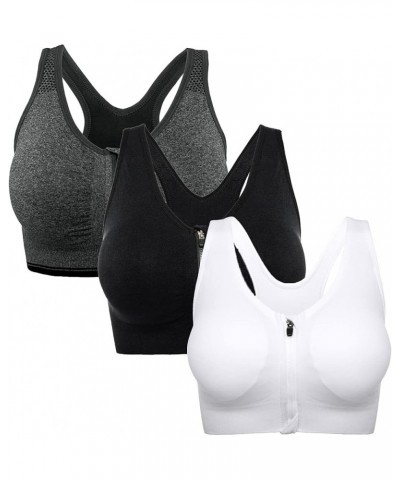 Women's Surgical Bras Zipper in Front Closure Post Surgery Bra Padded Racerback Workout Gym Yoga Bras 3 Pack(black+white+grey...