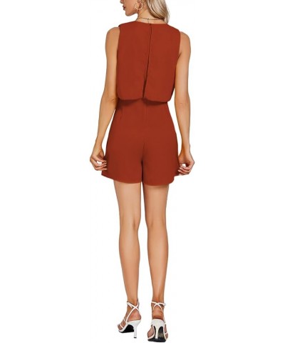 Women's Halter Neck Layered Ruffle Hem Sleeveless Romper Shorts Jumpsuit Rust Red $18.13 Rompers