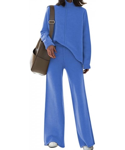 Women's High Neck 2 Piece Sweatsuit Long Sleeve Knit Sweater Tops Wide Leg Pants Set Outfits Blue $23.16 Activewear