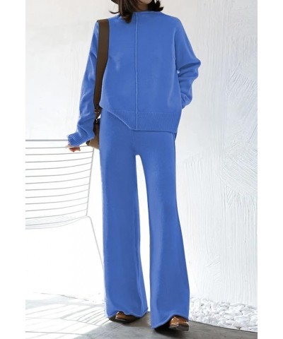 Women's High Neck 2 Piece Sweatsuit Long Sleeve Knit Sweater Tops Wide Leg Pants Set Outfits Blue $23.16 Activewear