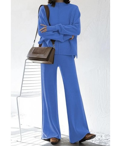 Women's High Neck 2 Piece Sweatsuit Long Sleeve Knit Sweater Tops Wide Leg Pants Set Outfits Blue $23.16 Activewear