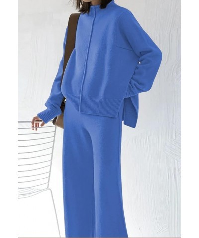 Women's High Neck 2 Piece Sweatsuit Long Sleeve Knit Sweater Tops Wide Leg Pants Set Outfits Blue $23.16 Activewear