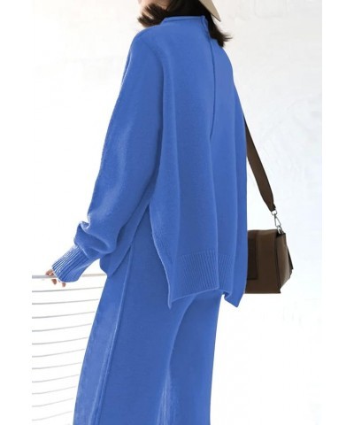 Women's High Neck 2 Piece Sweatsuit Long Sleeve Knit Sweater Tops Wide Leg Pants Set Outfits Blue $23.16 Activewear