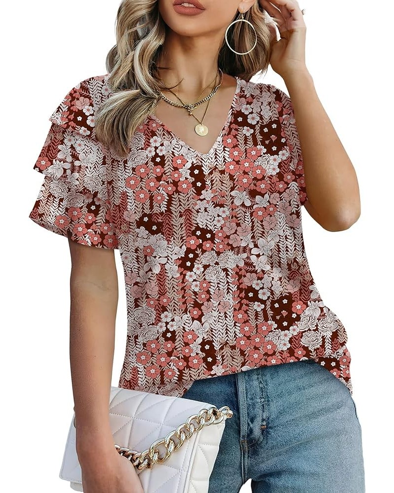 Womens Tops Dressy Casual Ruffle Sleeve V Neck Summer Shirts and Blouses Z-floral Rufous $10.19 Blouses