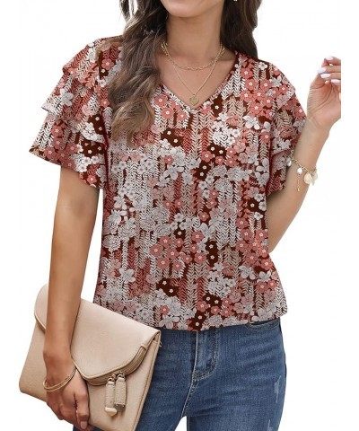 Womens Tops Dressy Casual Ruffle Sleeve V Neck Summer Shirts and Blouses Z-floral Rufous $10.19 Blouses