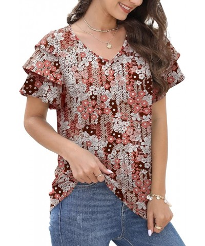 Womens Tops Dressy Casual Ruffle Sleeve V Neck Summer Shirts and Blouses Z-floral Rufous $10.19 Blouses