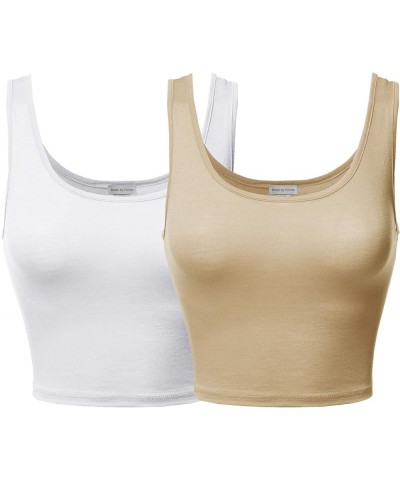 Women's Junior Sized Basic Solid Sleeveless Crop Tank Top Fewtkv0010 White/Khaki $11.79 Tanks