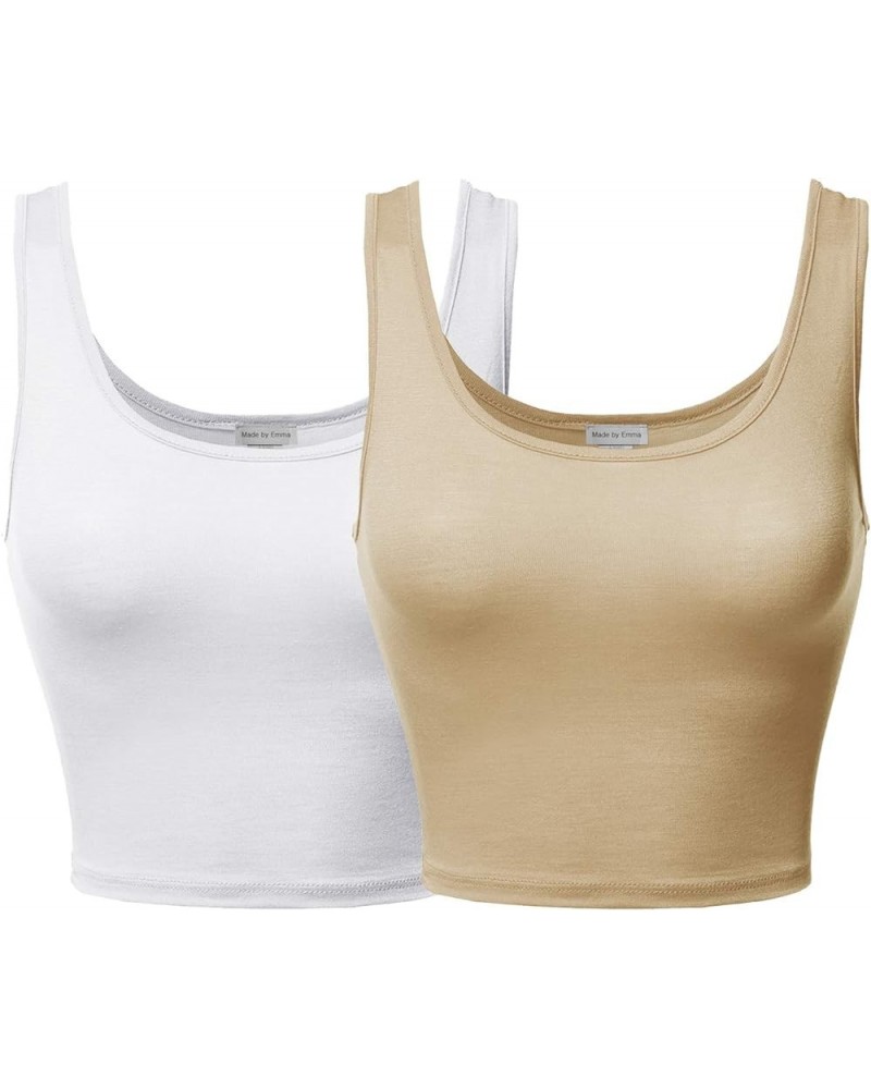 Women's Junior Sized Basic Solid Sleeveless Crop Tank Top Fewtkv0010 White/Khaki $11.79 Tanks