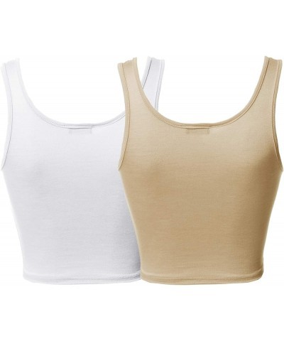 Women's Junior Sized Basic Solid Sleeveless Crop Tank Top Fewtkv0010 White/Khaki $11.79 Tanks