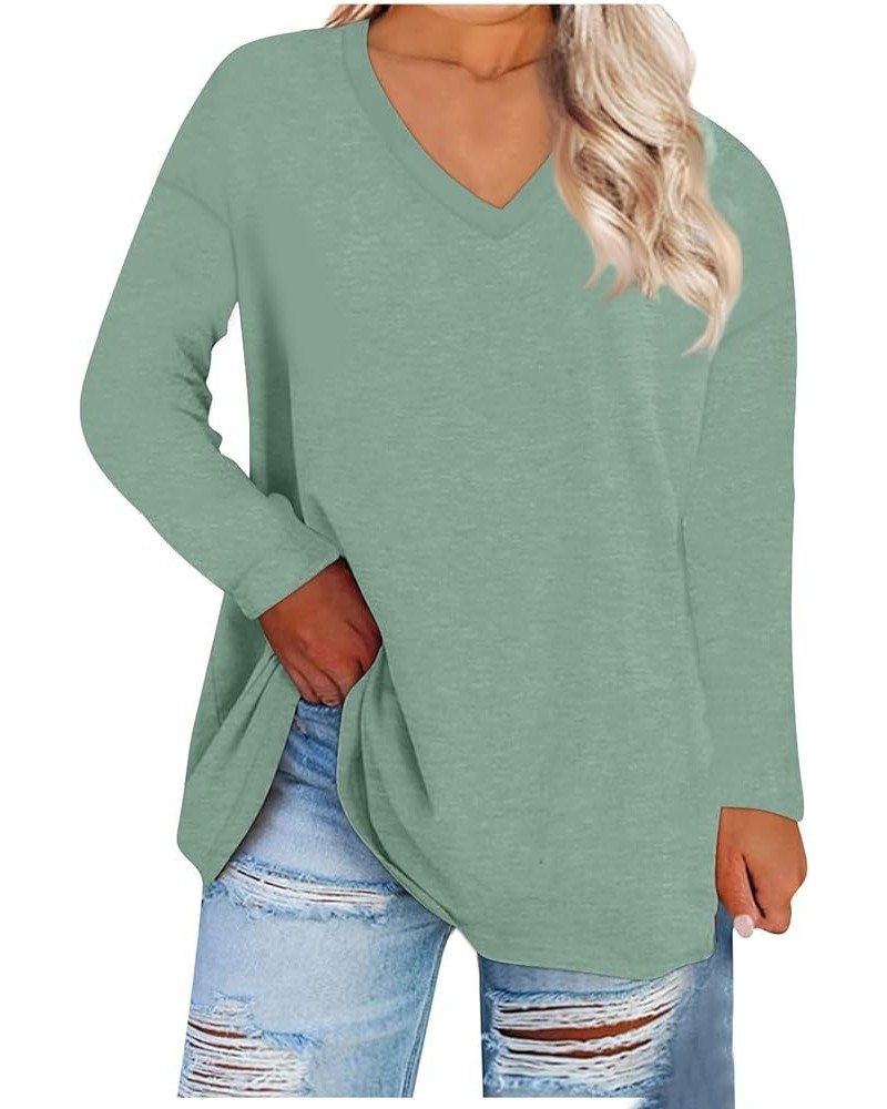 Womens Fall Fashion 2023 Plus Size Tops Long Sleeve Loose Fit T Shirts V Neck Work Oversized Tunic Blouses 01-mint Green $9.0...