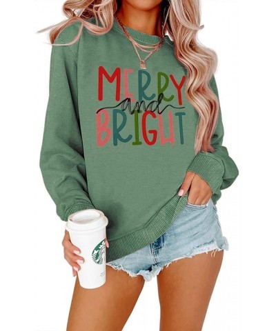 Women's Merry and Bright Crewneck Sweatshirt Long Sleeve Merry Christmas Sweatshirt Retro Fall Winter Pullover Tops Green $23...