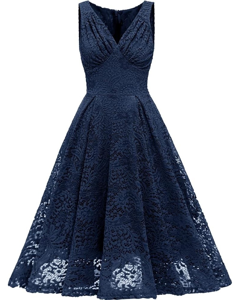 Women Vintage Halter Neck Floral Lace Hi-Lo Backless Bridesmaid Dress A-Line Short Prom Retro Cocktail Formal Swing Dress Nav...