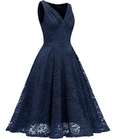 Women Vintage Halter Neck Floral Lace Hi-Lo Backless Bridesmaid Dress A-Line Short Prom Retro Cocktail Formal Swing Dress Nav...