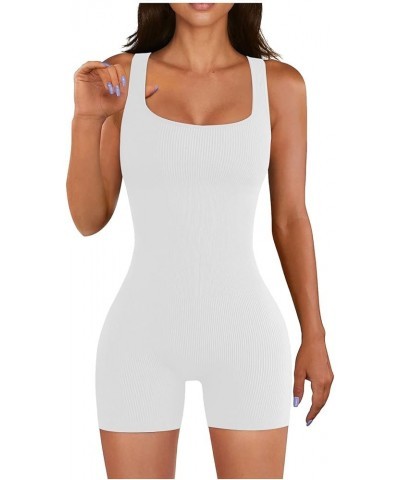 Workout Jumpsuits for Women Casual Summer Bodysuits Shorts Stretchy Ribbed Overalls Square Neck Sleeveless Rompers A02-white ...