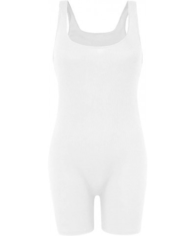 Workout Jumpsuits for Women Casual Summer Bodysuits Shorts Stretchy Ribbed Overalls Square Neck Sleeveless Rompers A02-white ...