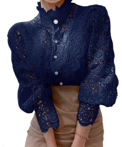 Women’s Stand Collar Lace Patchwork Shirts Casual Hollow Out Flower Petal Sleeve Button Tops Navy Blue $16.95 Blouses