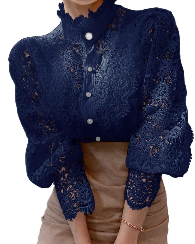 Women’s Stand Collar Lace Patchwork Shirts Casual Hollow Out Flower Petal Sleeve Button Tops Navy Blue $16.95 Blouses