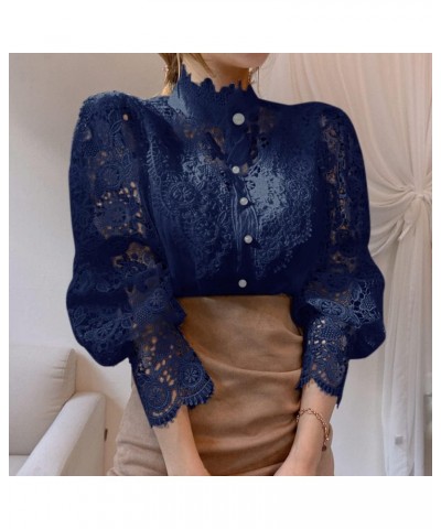 Women’s Stand Collar Lace Patchwork Shirts Casual Hollow Out Flower Petal Sleeve Button Tops Navy Blue $16.95 Blouses