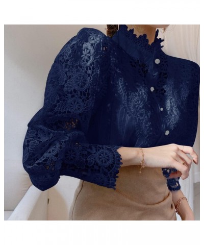 Women’s Stand Collar Lace Patchwork Shirts Casual Hollow Out Flower Petal Sleeve Button Tops Navy Blue $16.95 Blouses