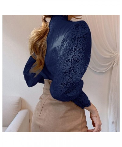 Women’s Stand Collar Lace Patchwork Shirts Casual Hollow Out Flower Petal Sleeve Button Tops Navy Blue $16.95 Blouses