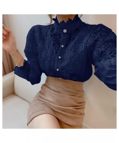 Women’s Stand Collar Lace Patchwork Shirts Casual Hollow Out Flower Petal Sleeve Button Tops Navy Blue $16.95 Blouses