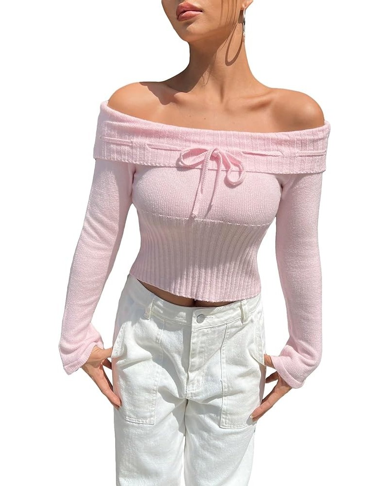 Women's Off Shoulder Tie Front Long Sleeve Crop Sweater Top Pullovers Pink $19.24 Sweaters