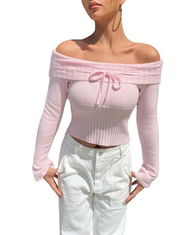 Women's Off Shoulder Tie Front Long Sleeve Crop Sweater Top Pullovers Pink $19.24 Sweaters