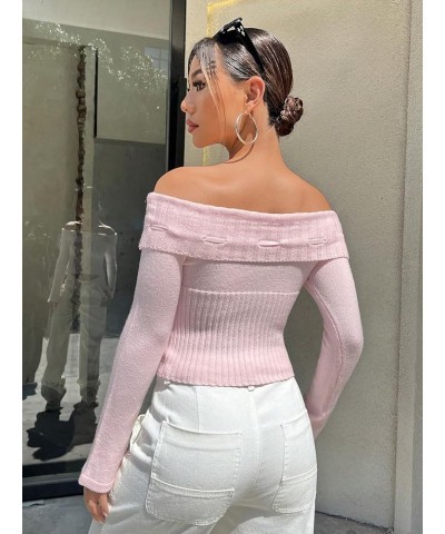 Women's Off Shoulder Tie Front Long Sleeve Crop Sweater Top Pullovers Pink $19.24 Sweaters