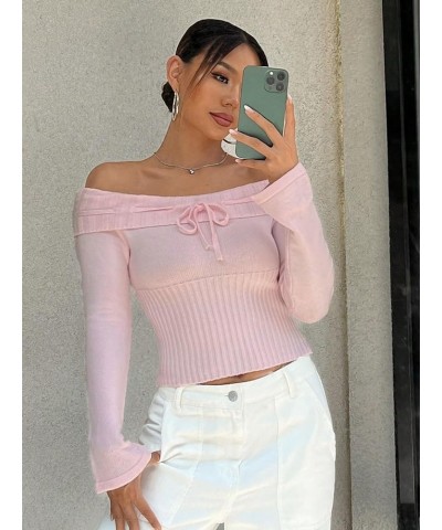 Women's Off Shoulder Tie Front Long Sleeve Crop Sweater Top Pullovers Pink $19.24 Sweaters