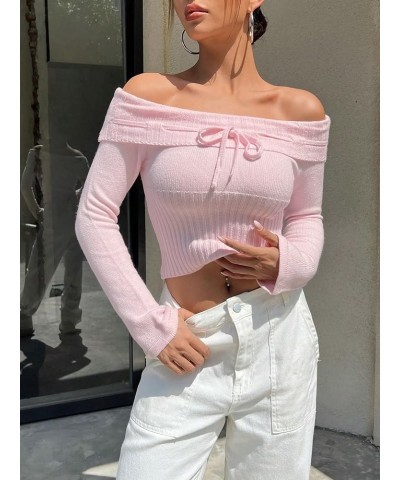 Women's Off Shoulder Tie Front Long Sleeve Crop Sweater Top Pullovers Pink $19.24 Sweaters