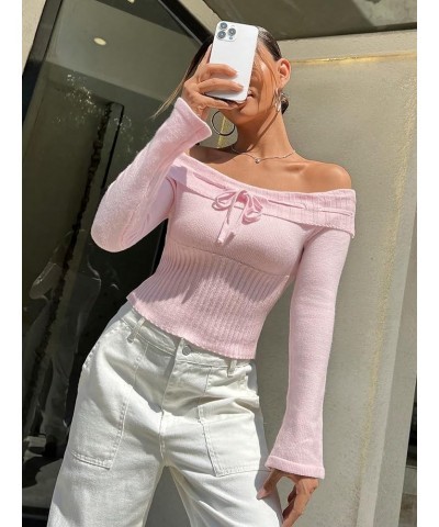 Women's Off Shoulder Tie Front Long Sleeve Crop Sweater Top Pullovers Pink $19.24 Sweaters