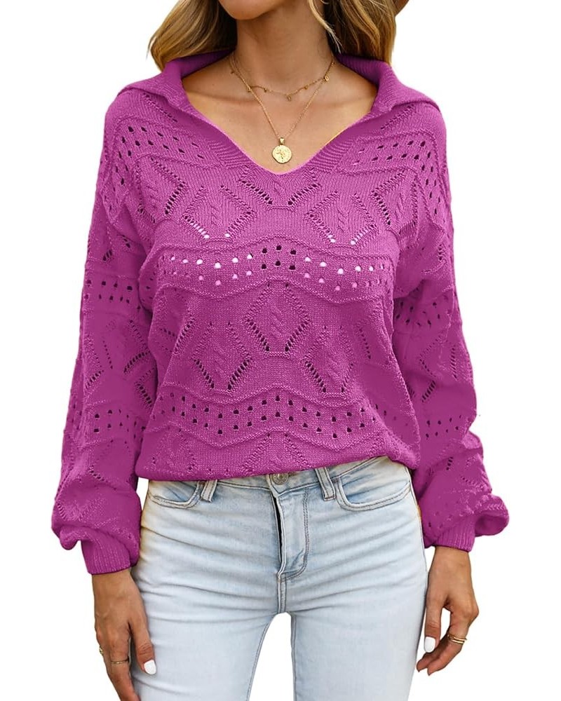 Women's V Neck Hollow Out Long Sleeve Pullover Sweaters Casual Lapel Collar Knit Jumper Tops Purple $12.23 Sweaters