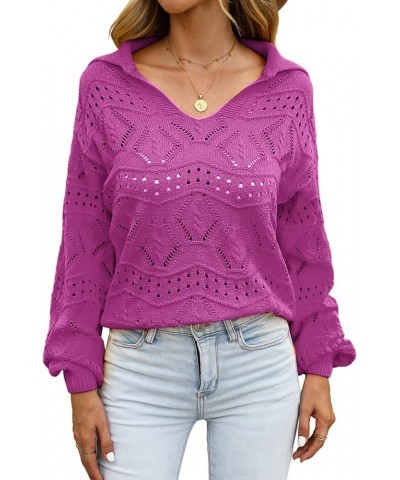 Women's V Neck Hollow Out Long Sleeve Pullover Sweaters Casual Lapel Collar Knit Jumper Tops Purple $12.23 Sweaters