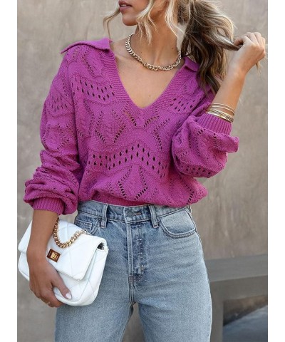 Women's V Neck Hollow Out Long Sleeve Pullover Sweaters Casual Lapel Collar Knit Jumper Tops Purple $12.23 Sweaters