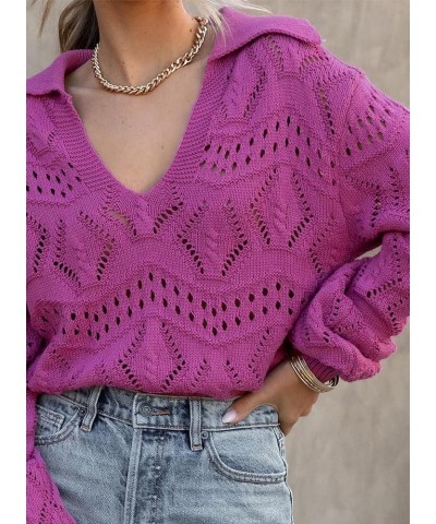 Women's V Neck Hollow Out Long Sleeve Pullover Sweaters Casual Lapel Collar Knit Jumper Tops Purple $12.23 Sweaters