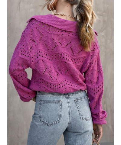 Women's V Neck Hollow Out Long Sleeve Pullover Sweaters Casual Lapel Collar Knit Jumper Tops Purple $12.23 Sweaters