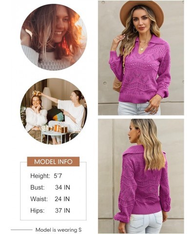 Women's V Neck Hollow Out Long Sleeve Pullover Sweaters Casual Lapel Collar Knit Jumper Tops Purple $12.23 Sweaters