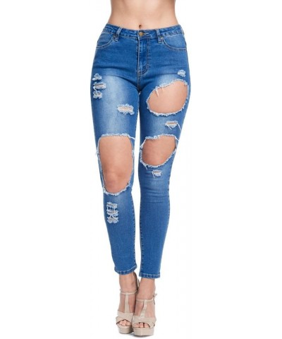 Women's Ripped Knee Skinny Fit Denim Bottoms 820 - Blue $15.62 Jeans