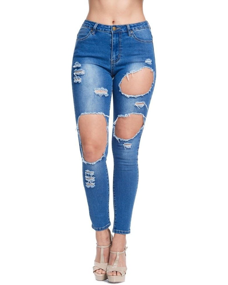 Women's Ripped Knee Skinny Fit Denim Bottoms 820 - Blue $15.62 Jeans