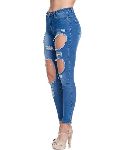 Women's Ripped Knee Skinny Fit Denim Bottoms 820 - Blue $15.62 Jeans