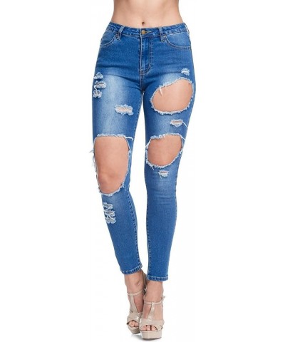 Women's Ripped Knee Skinny Fit Denim Bottoms 820 - Blue $15.62 Jeans