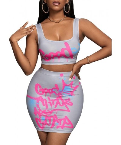 Women's 2 Piece Outfit Y2K Letter Graphic Tank Crop Tops and Bodycon Mini Skirt Set Lilac Purple $16.82 Suits