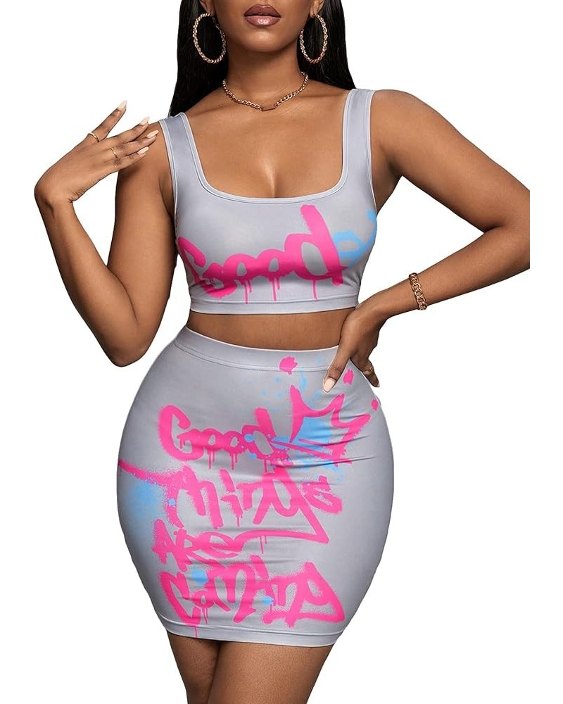 Women's 2 Piece Outfit Y2K Letter Graphic Tank Crop Tops and Bodycon Mini Skirt Set Lilac Purple $16.82 Suits