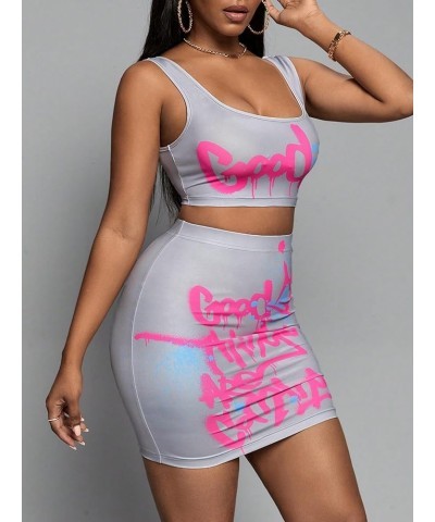 Women's 2 Piece Outfit Y2K Letter Graphic Tank Crop Tops and Bodycon Mini Skirt Set Lilac Purple $16.82 Suits