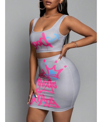 Women's 2 Piece Outfit Y2K Letter Graphic Tank Crop Tops and Bodycon Mini Skirt Set Lilac Purple $16.82 Suits