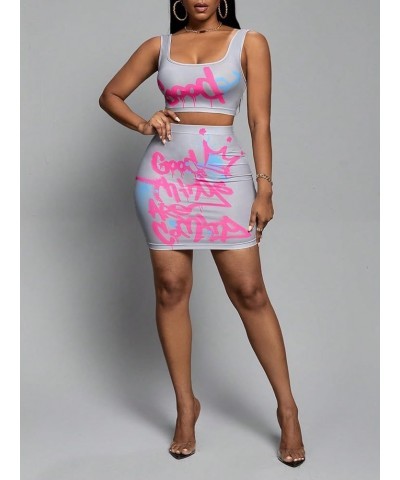 Women's 2 Piece Outfit Y2K Letter Graphic Tank Crop Tops and Bodycon Mini Skirt Set Lilac Purple $16.82 Suits