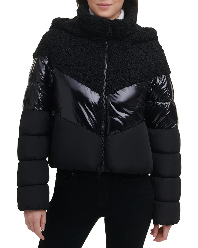 Women's Mix Media Puffer Jacket, Black $44.59 Jackets